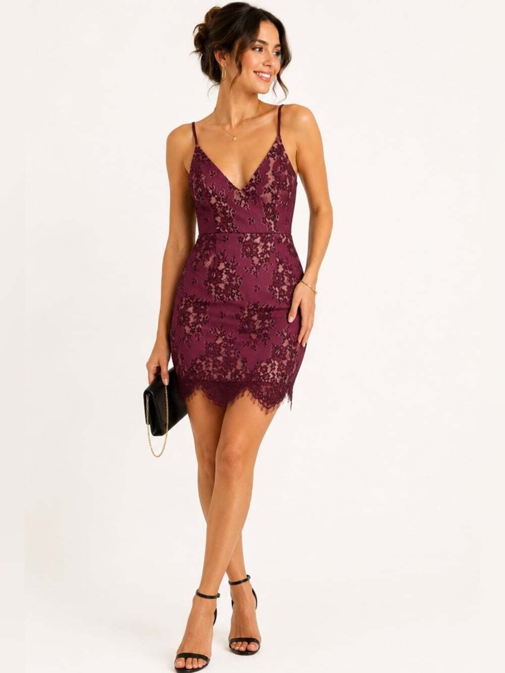 Minuet Womens Cocktail Dress Size Large Purple Lace Lined Spaghetti Strap Deep V